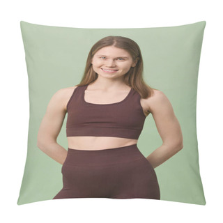 Personality  Vertical Medium Studio Portrait Of Cheerful Young Caucasian Woman Wearing Comfortable Sportswear Smiling At Camera, Mint Green Background Pillow Covers