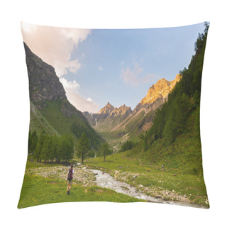 Personality  Backpacker Hiking In Idyllic Landscape. Summer Adventures And Exploration On The Alps. Stream Flowing Through Blooming Meadow And Green Woodland Set Amid High Altitude Mountain Range At Sunsets. Valle Pillow Covers
