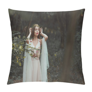 Personality  Fantasy Girl With Elf Ears In Flower Dress Posing In Forest Pillow Covers