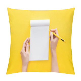 Personality   Partial View Person Holding Pen Over Blank Notebook On Yellow Background Pillow Covers