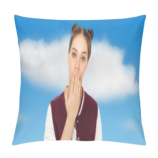Personality  Confused Teenage Girl Covering Her Mouth By Hand Pillow Covers