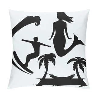 Personality  Surfer On Ocean Wave, Cute Mermaid And Romantic Hammock Between Palm Trees Pillow Covers