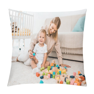Personality  Adorable Toddler Playing With Colorful Cubes And Mother In Nursery Room Pillow Covers