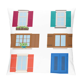 Personality  Set Of Open Colorful Different Windows With Shutters And Flowers Pillow Covers