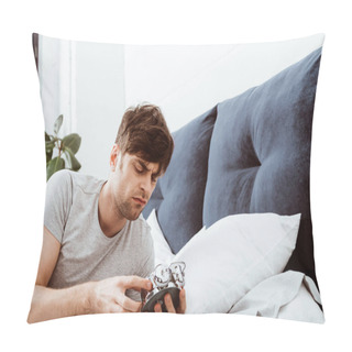 Personality  Irritated Young Man Turning Off Alarm Clock In Bed At Home Pillow Covers