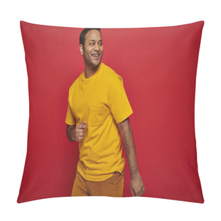 Personality  Gleeful Indian Man In Bright Casual Clothes Looking Away And Smiling On Red Background, Optimist Pillow Covers