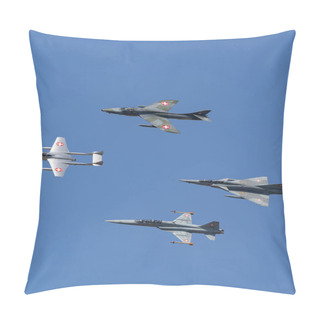 Personality  Payerne, Switzerland - September 6, 2014: Formation Of Former Swiss Air Force Jet Aircraft Comprised Of A De Havilland Vampire, Hawker Hunter, Northrop F-5 And Dassault Mirage.  Pillow Covers