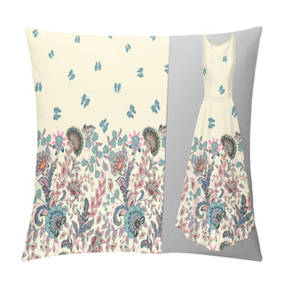Personality Vector Seamless Pattern With Pastel Blue Pink Beige Flowers And Butterfly Ornament On White Background, Hand Drawn Texture For Clothes, Bedclothes, Invitation, Card Design Etc. Womens Dress Mock Up Pillow Covers