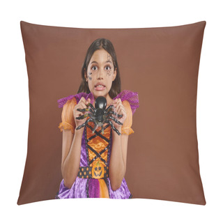 Personality  Spooky Girl In Halloween Costume Holding Fake Spider And Grimacing On Brown Backdrop, October 31 Pillow Covers