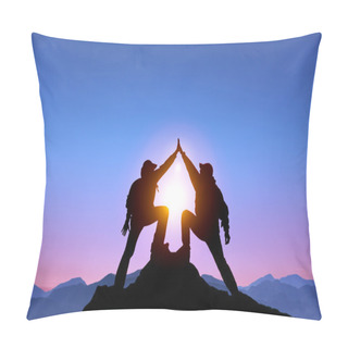 Personality  The Silhouette Of Two Man With Success Gesture Standing On The Top Of Mountain Pillow Covers