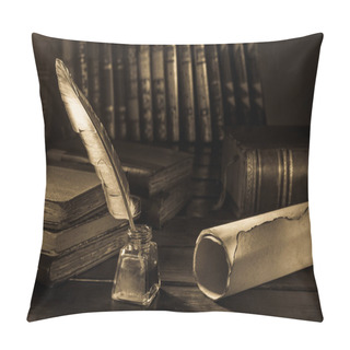 Personality  Quill Pen And A Rolled Papyrus Sheet On A Wooden Table With Old Books, Sepia Effect Pillow Covers