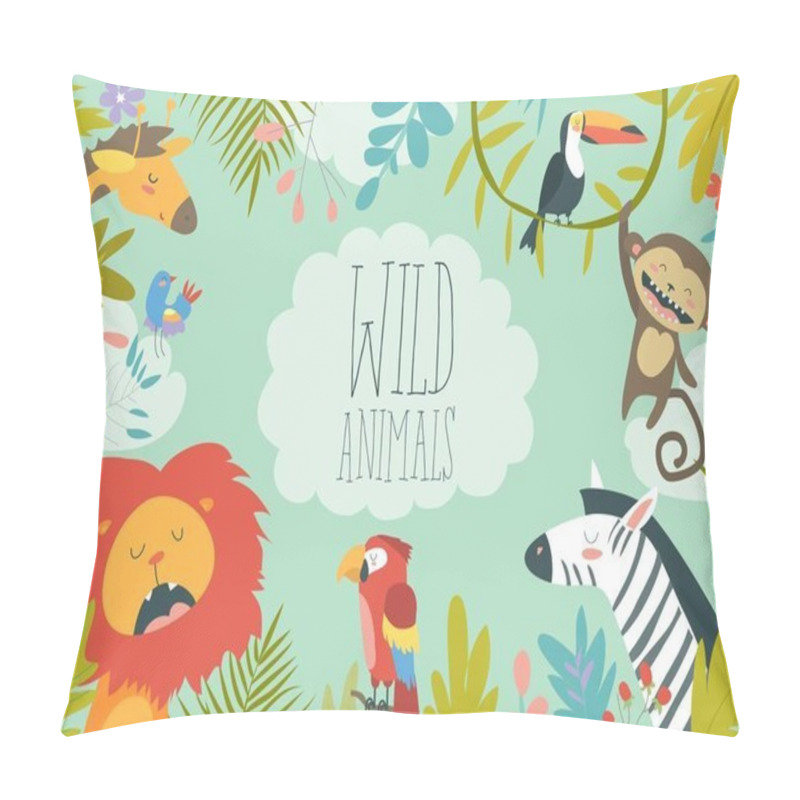 Personality  Happy jungle animals creating a framed background pillow covers