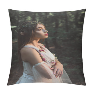 Personality  Attractive Mystic Elf In Flower Dress And Wreath Standing With Crossed Arms In Forest Pillow Covers
