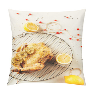 Personality  Top View Of Fried Chicken And Lemons On Metal Grille With Berries And String Pillow Covers
