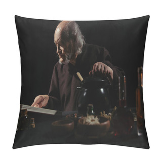 Personality  Medieval Wizard Reading Magic Cookbook Near Pot And Ingredients Isolated On Black Pillow Covers