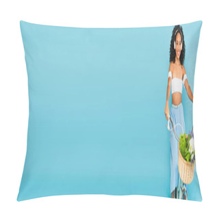 Personality  Panoramic Crop Of Cheerful African American Girl In Headphones Riding Bicycle On Blue, Summer Concept  Pillow Covers