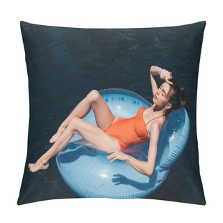 Personality  Beautiful Young Woman Sunbathing While Floating On Swim Ring In Swimming Pool  Pillow Covers