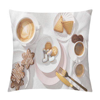 Personality  Top View Of Tasty Cookies With Glaze And Coffee On White Tablecloth Pillow Covers