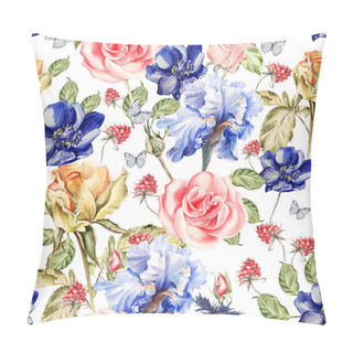 Personality  Beautiful Colorful Watercolor Pattern With Flowers Iris, Anemones, Roses And Raspberries. Pillow Covers