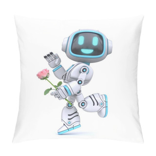 Personality  Cute Blue Robot In Love Hold Rose 3D Rendering Illustration Isolated On White Background Pillow Covers