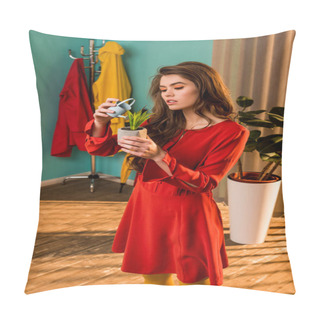 Personality  Attractive Old-fashioned Woman In Red Dress Watering Potted Plant With Small Watering Can At Home Pillow Covers