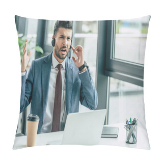 Personality  Irritated Call Center Operator In Headset Showing Indignation Gesture Pillow Covers