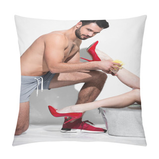 Personality  Muscular Man Washing Leg Of Pin Up Woman With Sponge On White  Pillow Covers