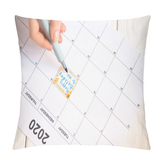 Personality  Cropped View Of Woman Pointing With Marker Pen On Happy Birthday To Me Lettering In To-do Calendar With 2020 Inscription On Wooden Background Pillow Covers