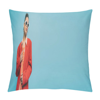 Personality  Portrait Of African American Woman In Trendy Accessories And Vibrant Outfit Posing On Blue, Banner Pillow Covers