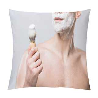 Personality  Cropped View Of Man Applying Shaving Foam With Brush, Isolated On Grey Pillow Covers