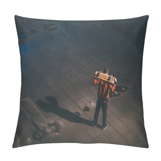 Personality  High Angle View Of Skateboarder Standing With Board On Shoulders Pillow Covers