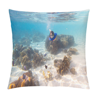 Personality  Child Snorkeling. Kids Swim Underwater. Beach And Sea Summer Vacation With Children. Little Girl Watching Coral Reef Fish. Marine Life On Exotic Island. Kid Swimming And Diving With Snorkel And Mask. Pillow Covers