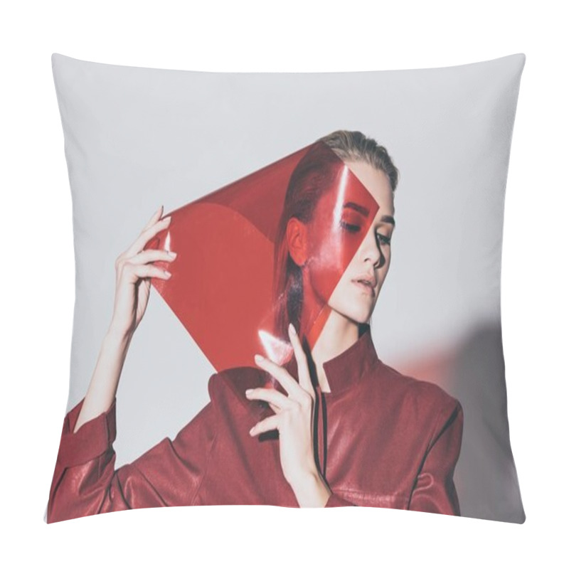 Personality  attractive fashionable girl with red filter pillow covers