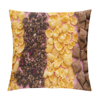 Personality  Top View Of Various Breakfast Cereal Corn Flakes With Puffs And Granola On Pink  Pillow Covers