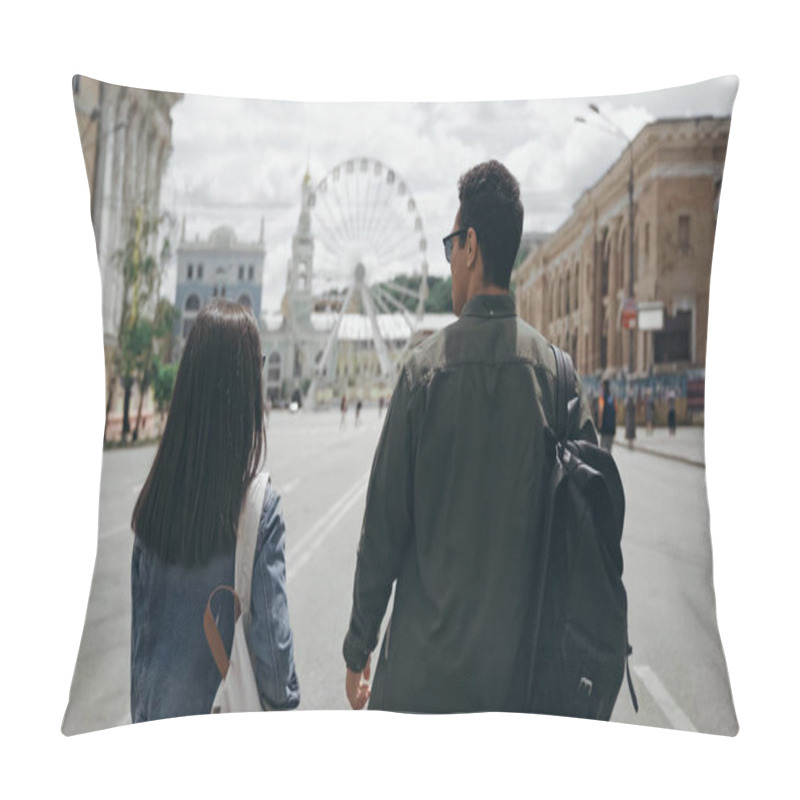 Personality  Multiethnic Travelers With Backpacks Walking On European Street  Pillow Covers