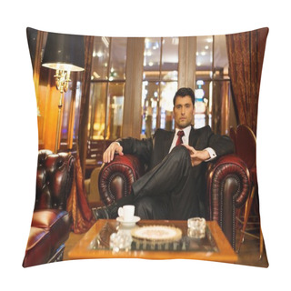 Personality  Confident Handsome Brunette Sitting In Luxury Interior Pillow Covers