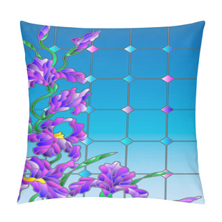 Personality  Illustration In Stained Glass Style With Flowers, Buds And Leaves Of Iris Against The Sky Pillow Covers