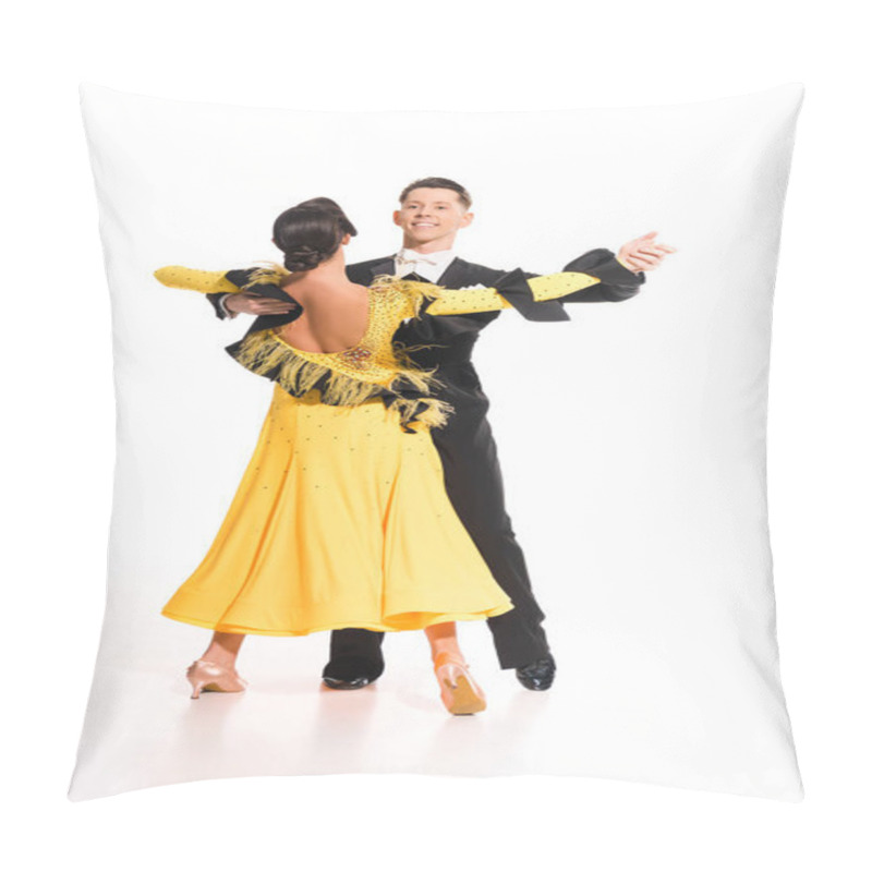 Personality  elegant young couple of ballroom dancers dancing isolated on white pillow covers