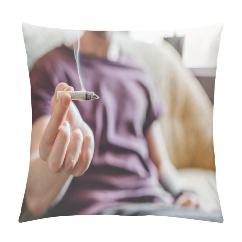 Personality  Cropped Image Of Young Man Smoking Marijuana Or Cigarette Indoors Pillow Covers