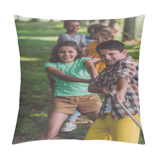 Personality  Selective Focus Of Positive Multicultural Kids Competing In Tug Of War  Pillow Covers
