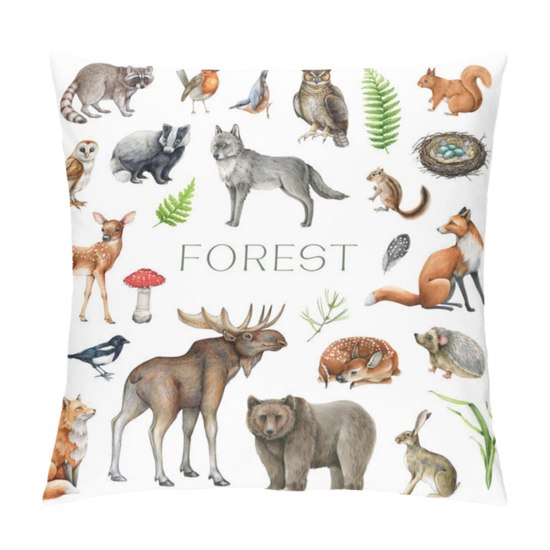 Personality  Forest animals, birds and natural element set. Watercolor illustration. Wildlife collection. Hand drawn painted wild forest animals, birds with nature elements set. Isolated on white background. pillow covers