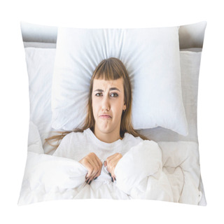 Personality  Overhead View Of Sad Woman Looking At Camera While Resting In Bed In Morning Pillow Covers