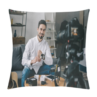 Personality  Smiling Technology Blogger Putting On New Smart Watch Pillow Covers
