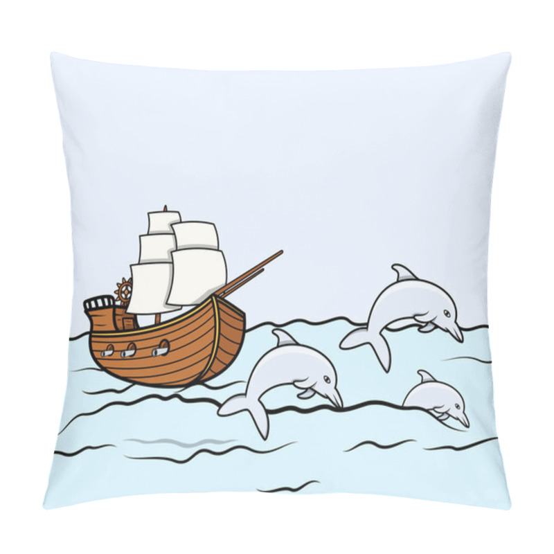 Personality  Ancient Ship with Dolphins - Vector Illustration pillow covers