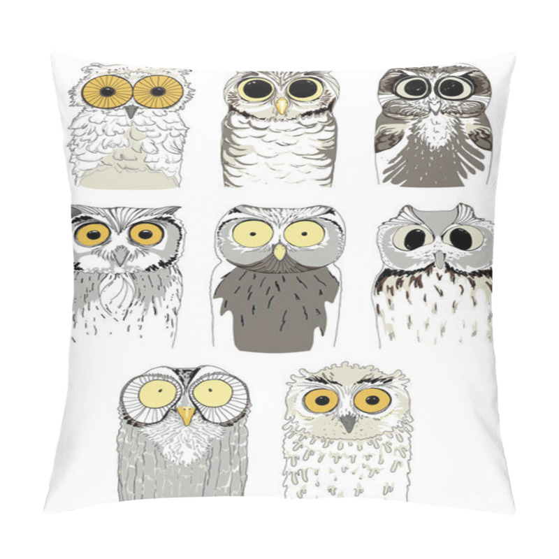 Personality  Set of different owls. Cute and funny hand drawn owls. Vector birds on a white background. pillow covers