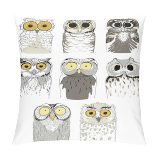 Personality  Set Of Different Owls. Cute And Funny Hand Drawn Owls. Vector Birds On A White Background. Pillow Covers