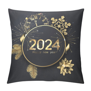 Personality  Happy New Year 2024 Golden Lettering Made Of Shiny Balloons On Round Black Background With Snowflake, Fir Branches, Clock Face And Glittering Particles. Vector Illustration. Pillow Covers