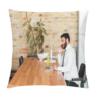 Personality  Bearded African American Freelancer In Shirt Sitting Near Laptop And Talking On Smartphone  Pillow Covers