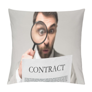 Personality  Selective Focus Of Shocked Businessman Looking At Contract Through Magnifier Isolated On Grey Pillow Covers