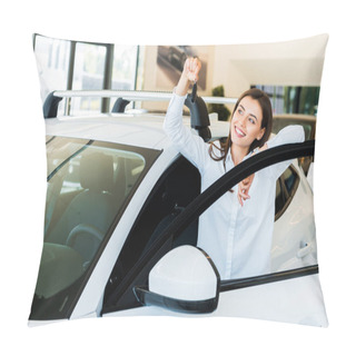 Personality  Selective Focus Of Positive Young Woman Holding Car Key   Pillow Covers